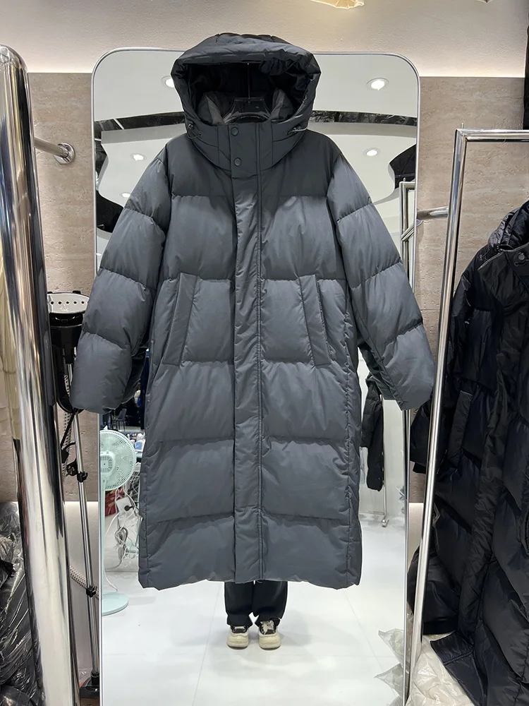 Vrouwen Dikker Effen Kleur Witte Eend Donsjacks Herfst Winter Losse Lange Capuchon Knie Over Rechte Buis Warme Jassen