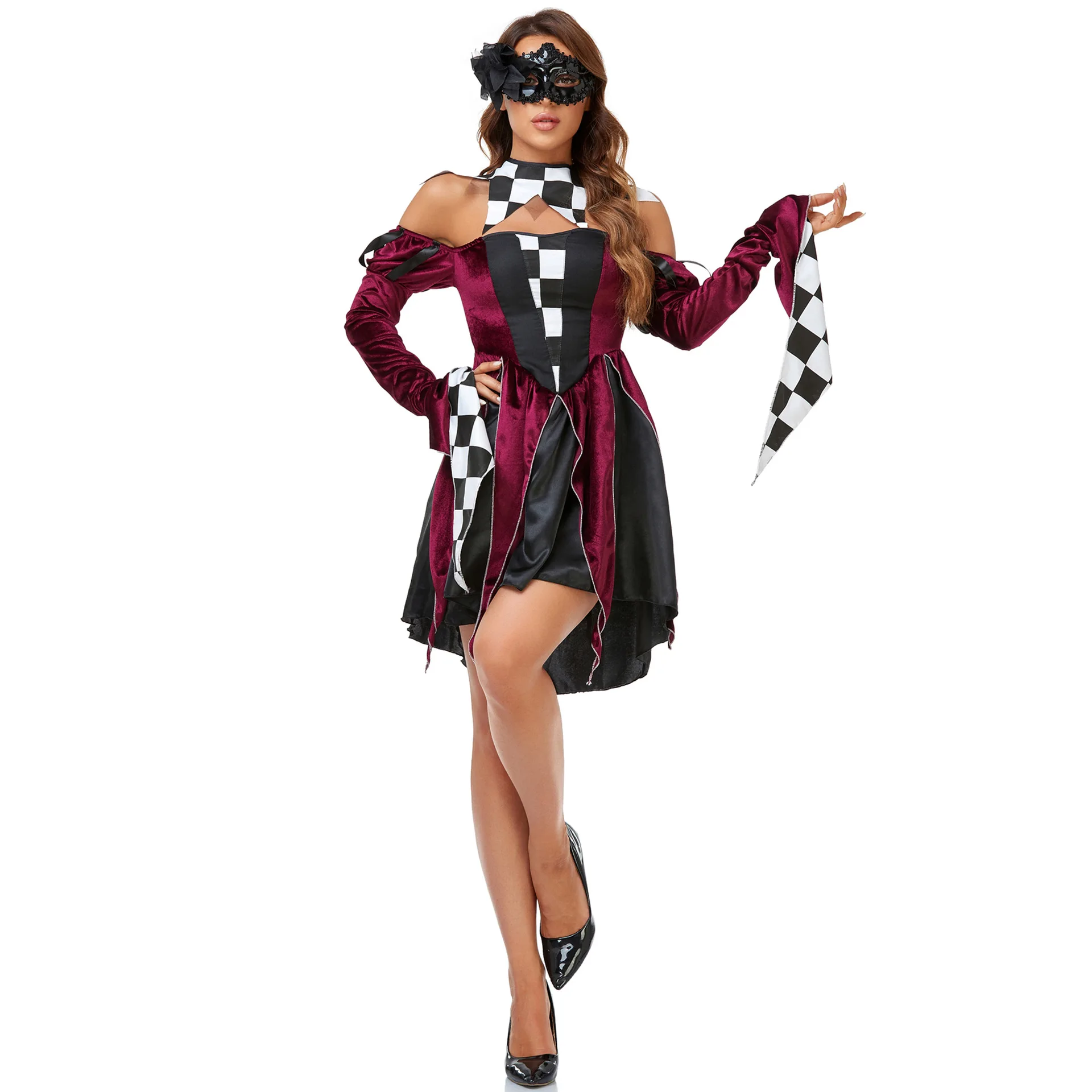 Masquerade Ball Charm Clown Dress for Women Mysterious Mask Circus Clown Halloween Cosplay Costume Adult Stage Show Costume