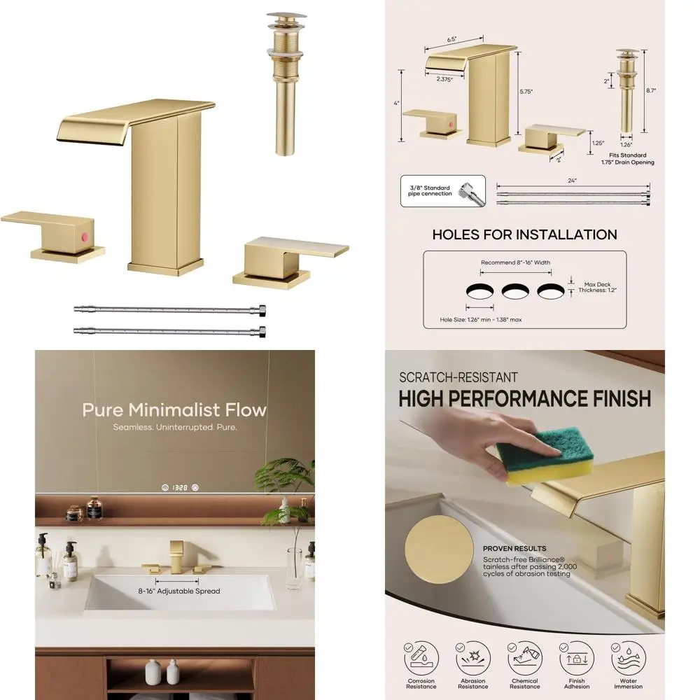 

Modern 3-Piece Brushed Gold 8 Widespread Bathroom Sink Faucet with Touch-On Lavatory for Vanity