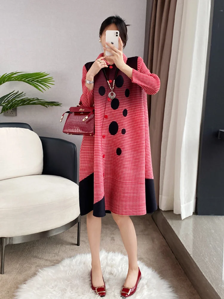 Women Miyake Pleated Dresses Single Breasted Lapel Long Sleeve Color Block Print Lady Loose Luxury Party Clothes 2023 Spring New