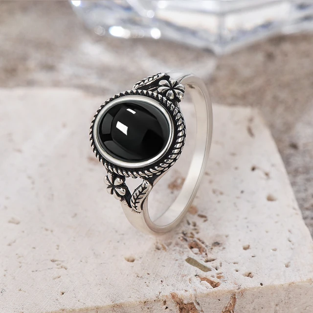 Pierścionek w stylu vintage ze srebra próby 925 z naturalnym czarnym onyksem 8*10mm w kształcie kwiatu z tygrysim okiem, elegancka biżuteria, pierścionek na palec dla kobiet.