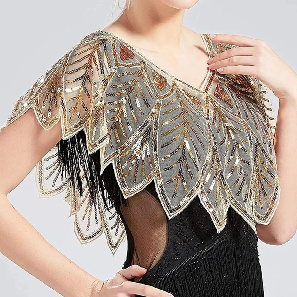 Women 1920s Evening Shawl Elegant Sequin Embroidered Beaded Capelet for Women V Neck Gauze Party Shawl Sparkling Leaf Shape Coat