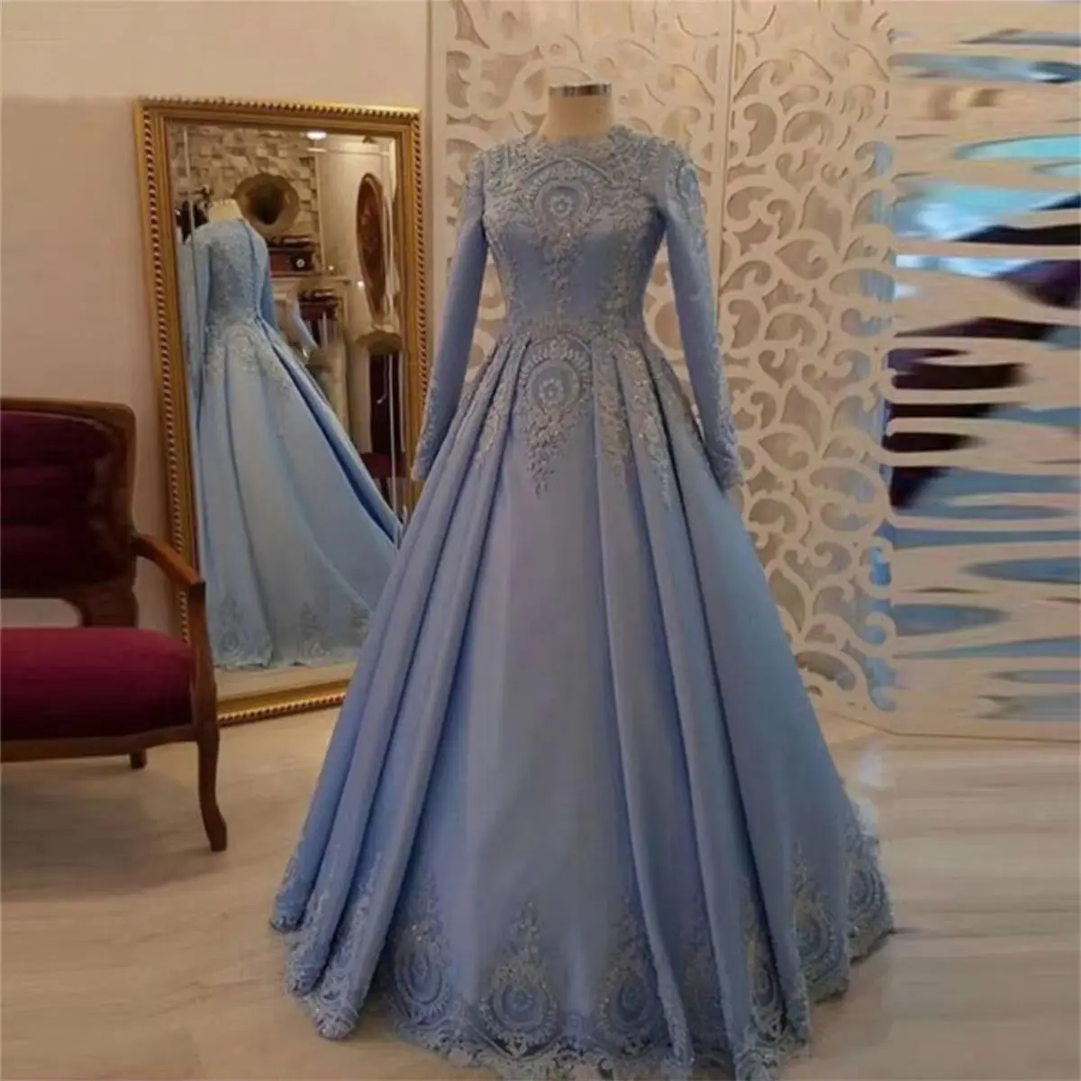 Modestt Arabic Muslim Evening Dress Long Sleeves High Neck Customized Formal Occasion Gown Light Sky Blue Prom Dresses Custom