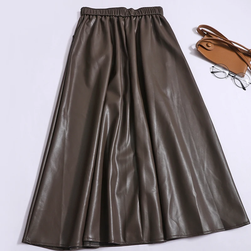 Women Fashion PU Leather Skirt Vintage Pocket High Waist Mid-Length Skirt Solid Loose A-line Skirt Streetwear Autumn/Winter TRAF