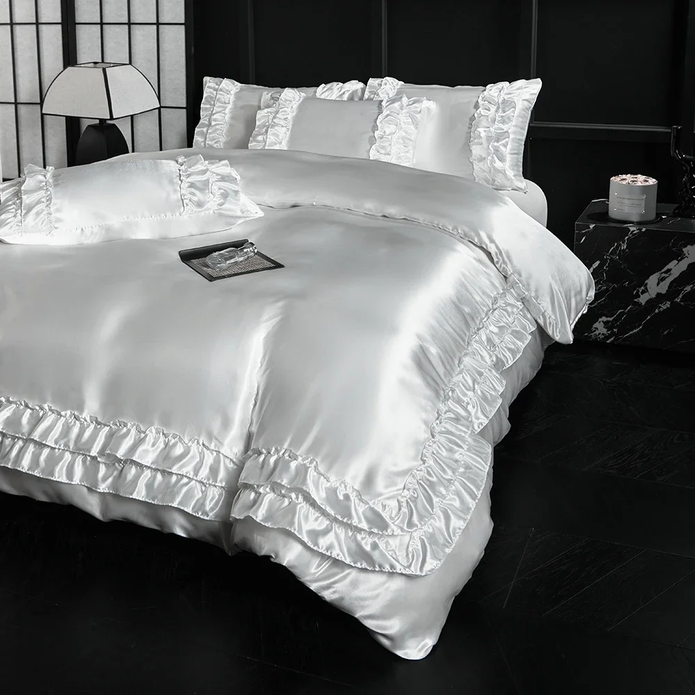 Luxury Satin Double-layered Ruffles Bedding Set Queen Soft Smooth Duvet Cover and Pillowcase Silky Single Double Comforter Cover