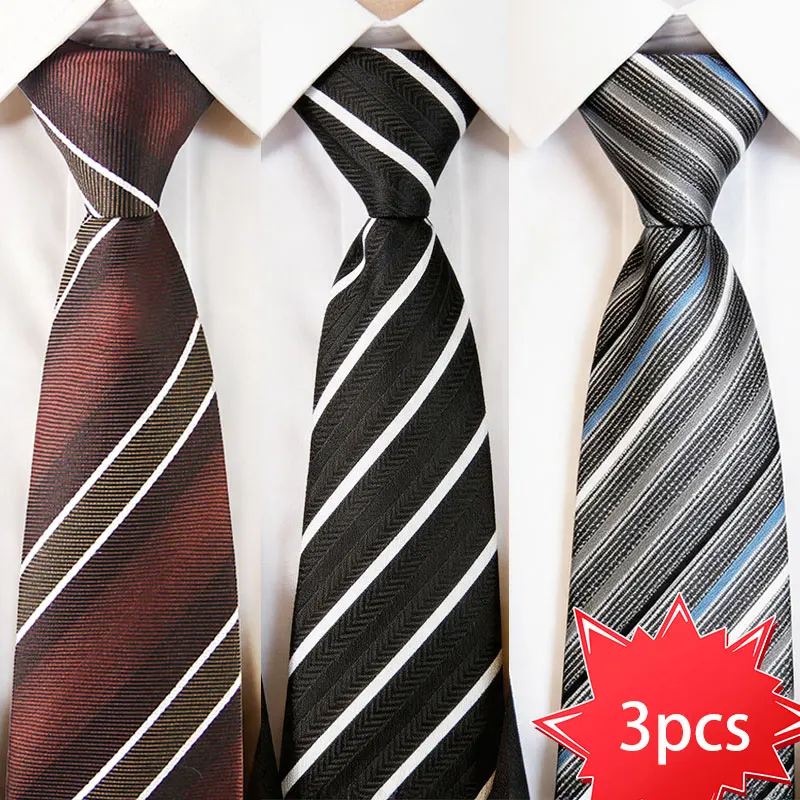 3Pcs Men's No-Tie Slim Zipper Tie 7.5cm (2.95inch) Color-Blocked Diagonal Stripe Red Multi-Color Polyester Business Commuter Client Banquet Exhibition Set Accessories