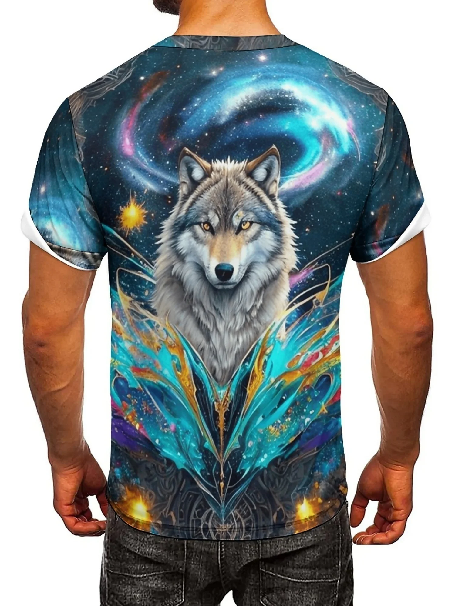 Camiseta de manga curta com estampa 3D de lobo legal e universo estrelado de fantasia, poliéster, macio e respirável