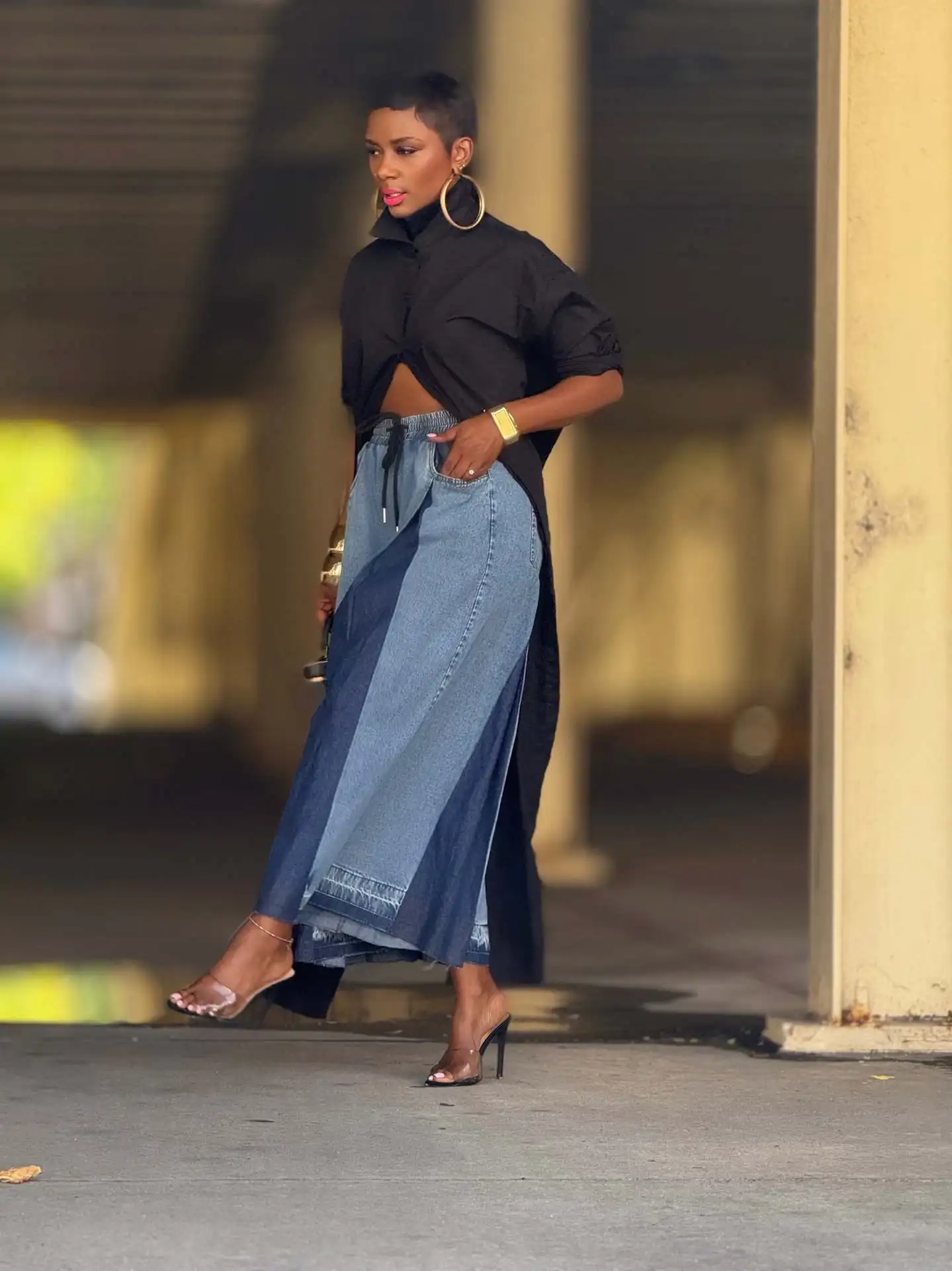 デニム レディース スプライスジーンズ ワイドレッグパンツ パッチワーク フルレングス ドローストリングウエスト ルーズ Y2K ストリートウェア カジュアル 2025 春秋