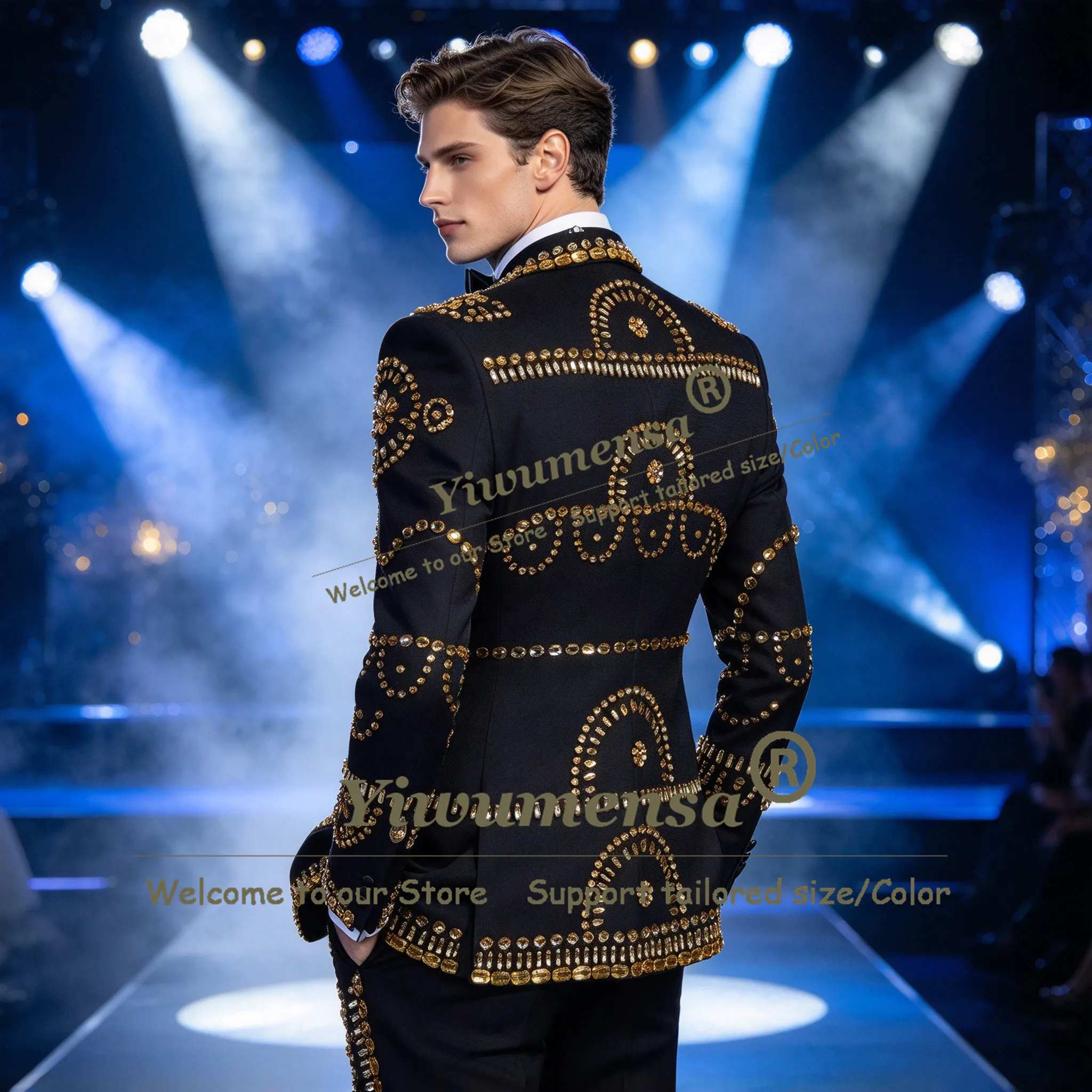 Exclusive Men's Suit For Wedding Diamond Stones Double Breated Jacket Trousers 2 Piece Sets Groom Tuxedo Man Red Carpet Outfit