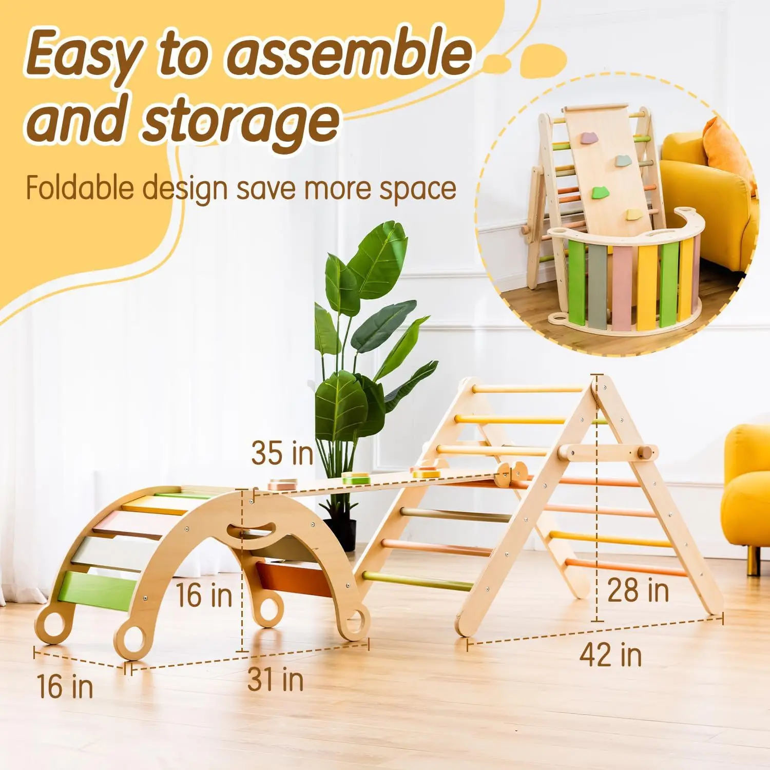 Manufacturers Wooden 3-in-1 Baby Triangle Jungle Gym Toy Indoor Playground With Arched rainbow Rocking Chair