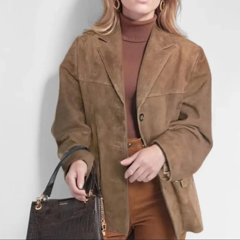 Women Jacket Vintage OL Commuting Style Turn-down Collar Single-breasted Solid Color Loose Mid Length Coat Autumn Winter Casual