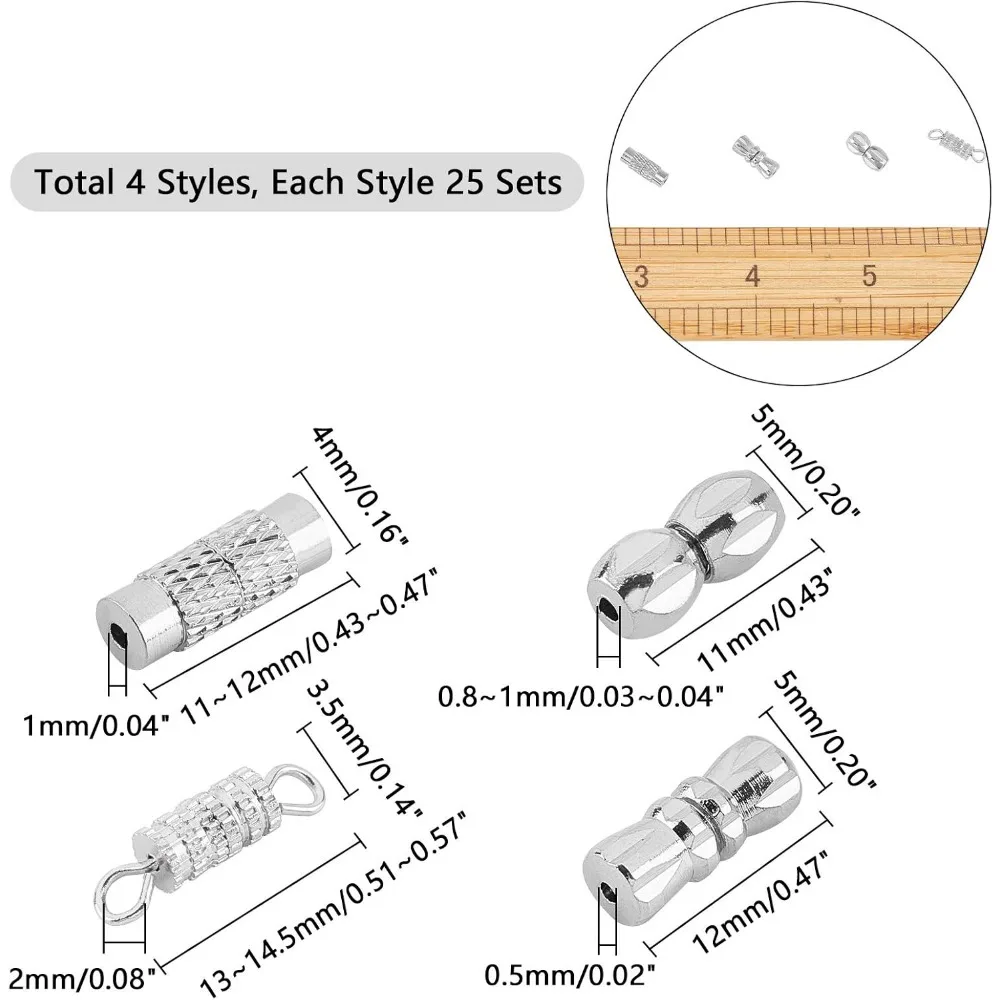 100 Sets 4 Styles Barrel Screw Clasps Jewelry Connector Screw Twist Clasps Brass End Tip Barrel Clasps for Necklace Bracelet