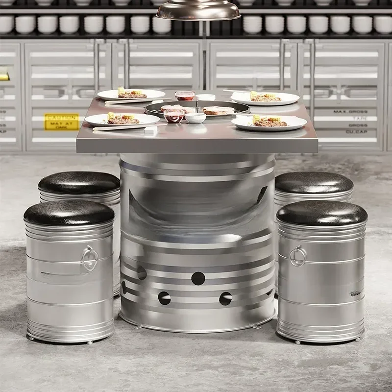 Charcoal fire barbecue stainless steel Internet celebrity barbecue shop commercial wrought iron dining table oil drum table
