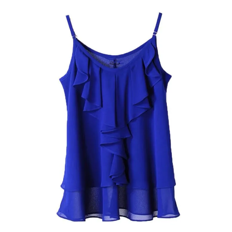 Canottiere estive da donna in Chiffon di alta qualità e canottiere in tinta unita con scollo a v e volant canotte causali Halter top da donna carino