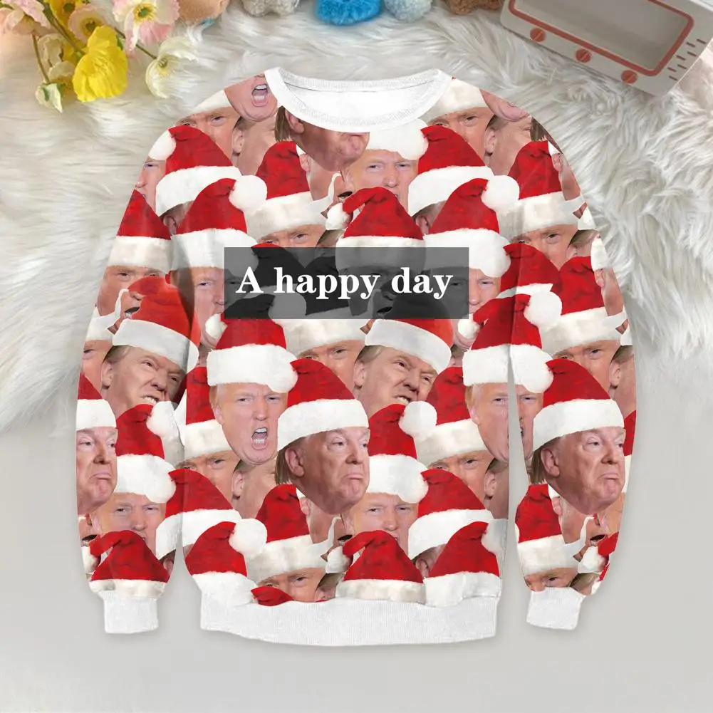 Outing Sweatshirt 2024 Trump Santa Hat Sweatshirt Proud Supporter Winter Party Top with Face Expression Thick Warm Long Sleeves