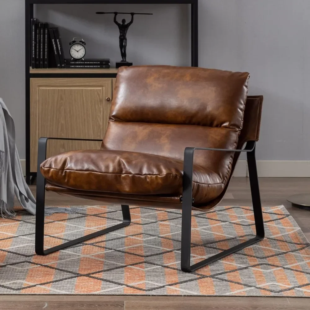 

Modern PU Leather Accent Armchairs Set 2 Soft Upholstered Living Room Chairs With Black Metal Legs And Removable Thick Cushions