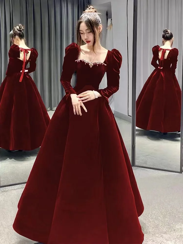 

Burgundy Evening Dresses Elegant A-Line Beading Square Collar Empire Full Sleeves Floor-Length Birthday Party Prom Gown Vestidos