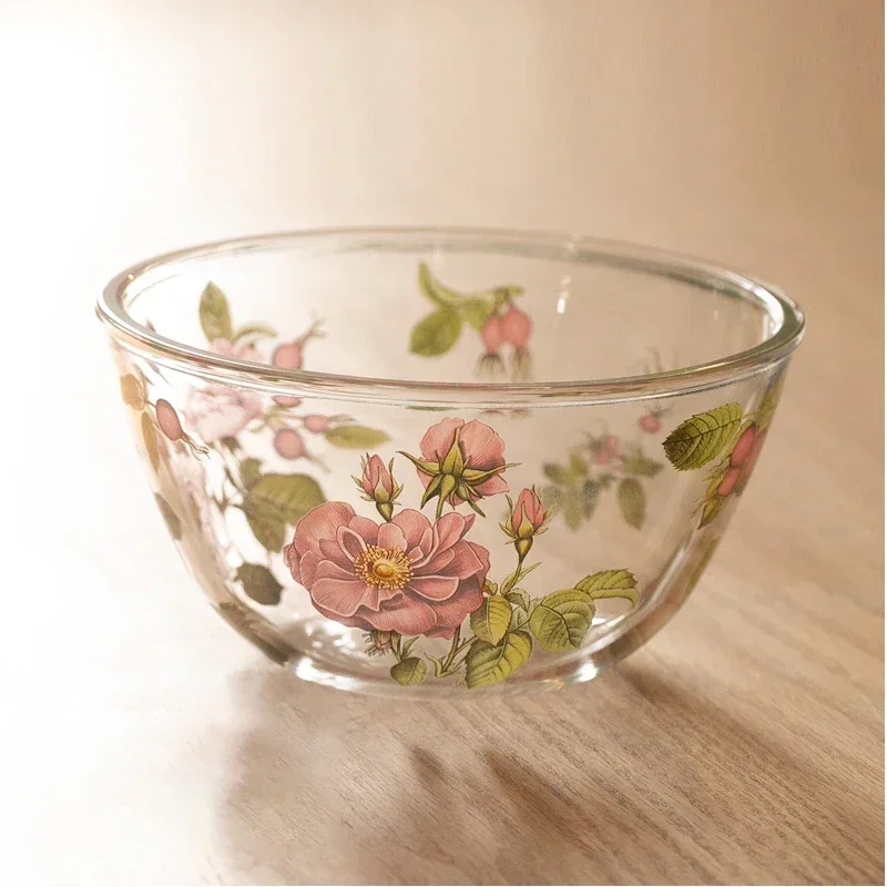 French Style Vintage Flower Glass Bowl Home Kitchen Tableware Fruit Salad Ramen Bowl Thickened Exquisite Lemon Breakfast Bowl