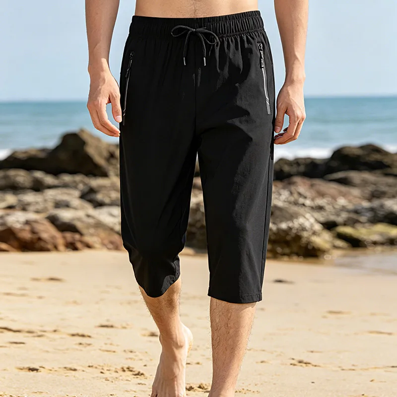 Summer Thin Men's Over The Knee Pants Zippered Pocket Baggy Elastic Waist Sports Outdoor 3/4 Shorts Men Board Bermuda Shorts