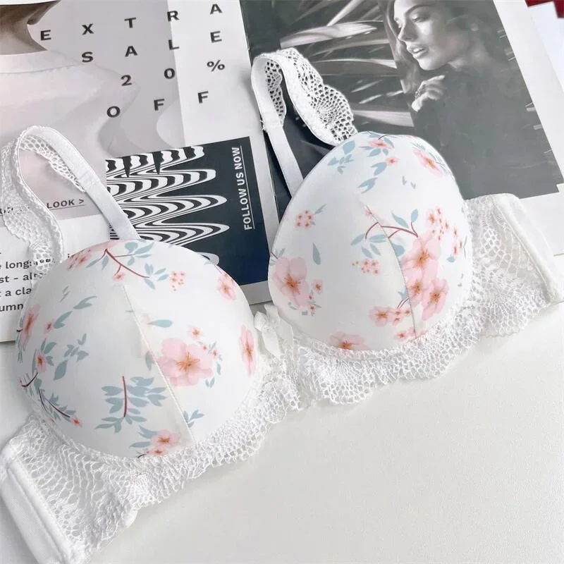 Sweet summer flowers cute girls bra set thin large size CDE cup lingerie sexy push up women underwear