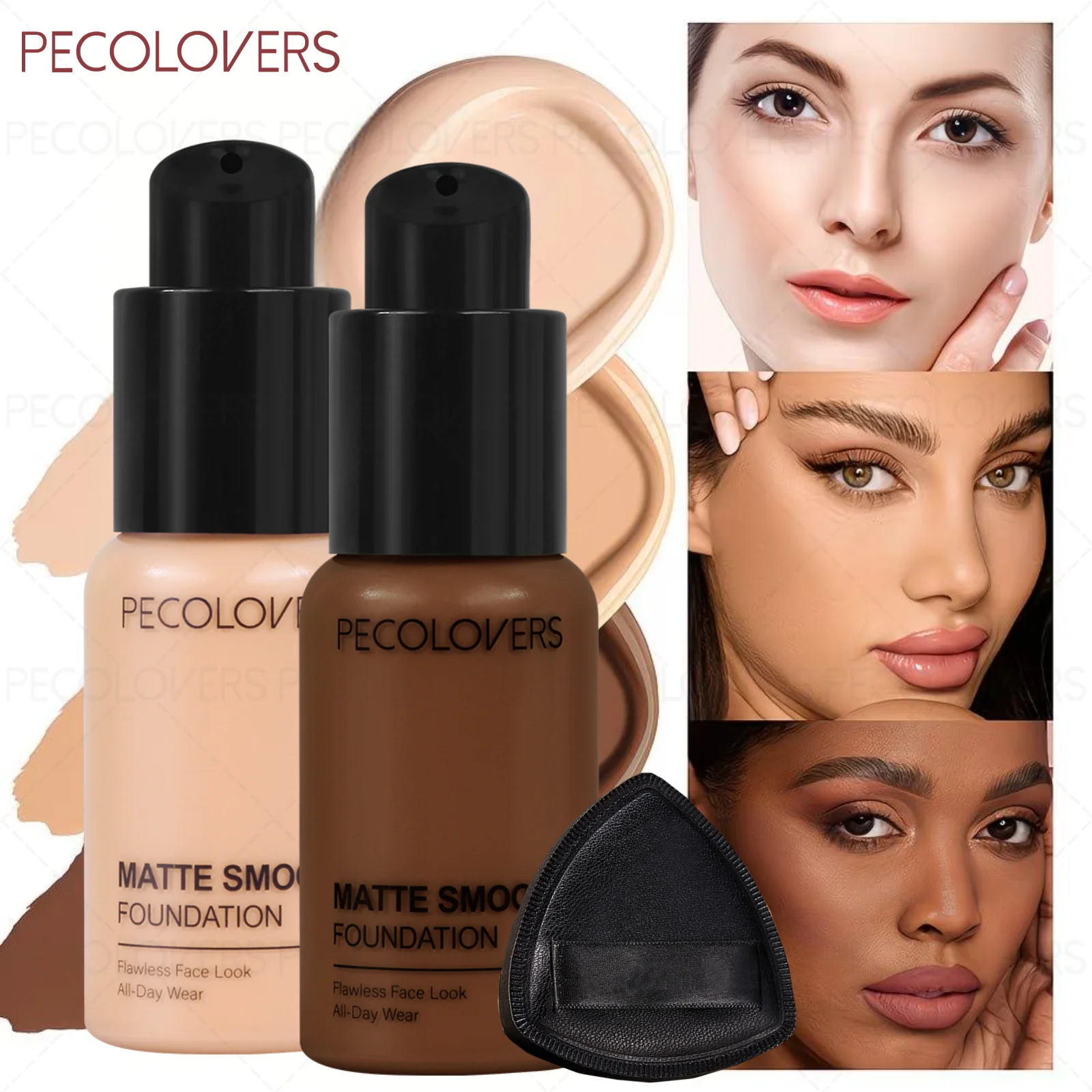 1SET Flawless Liquid Foundation with Powder Puff-Full Coverage, Moisturizing BB Cream, Covers Dark Circles and Acne Marks, Etc.
