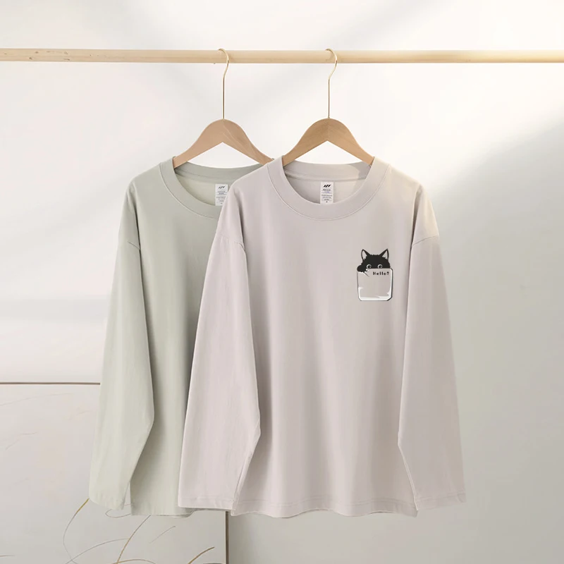 2024 Autumn New Simple Cat Printed 100% Cotton Men T-shirts Long Sleeve Casual Round Neck Soft Men Tops BOK1111