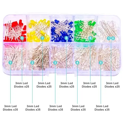 Wybrane elementy światła dioda LED 3mm, diody LED 300 szt. M3 10 typów dioda LED biały/czerwony/zielony/niebieski/żółty (M3-LED-Kit)