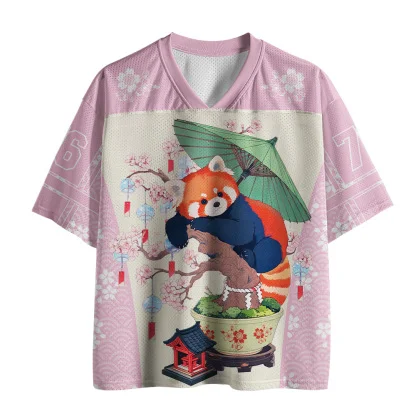 Mesh V Neck Short Sleeve Jersey, Red Panda Sakura Japanese Style Graphic Tee, Loose Breathable Sports T-shirt Street Top