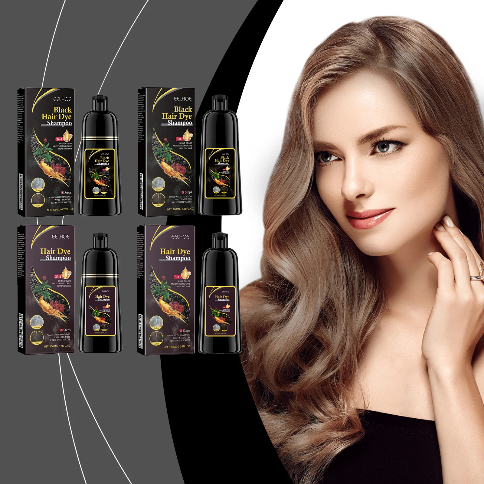 EELHOE White to Black Hair Dye Shampoo (Natural Brown) Polygonum Multiflorum Essence Nourishing Cleansing Repairing Black and Smooth Hair Shampoo 2