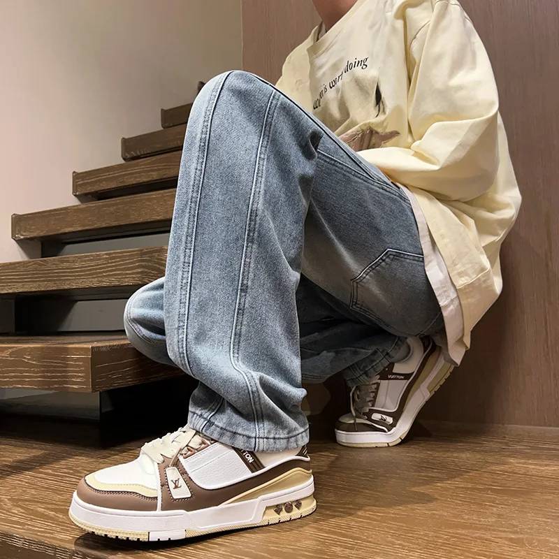 

Мужские джинсы Waed Blue: модные американские прямые брюки в стиле High Street с пэчворком, удобные рабочие джинсы для молодежи