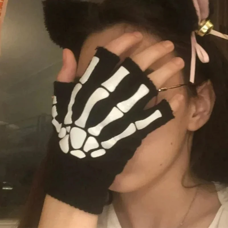Gants de crâne d'halloween unisexe, Punk lumineux, lueur dans la nuit, squelette demi-doigt, mitaines extensibles antidérapantes pour Cosplay