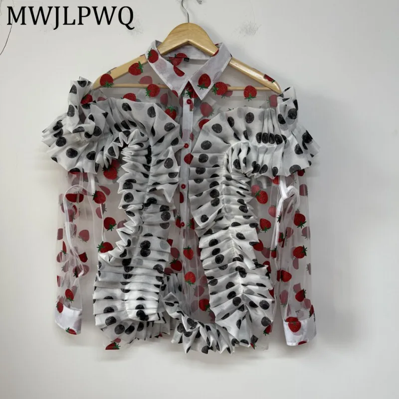 

MWJLPWQ Organza Long Sleeve Shirt Polka Dot Double Ruffle Frill Lapel Button Front Thin Loose Women Sweet Casual Outer Top 16802