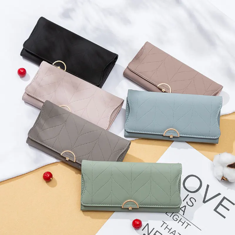 

New Wallets Women Fashion Letter Long Tri-fold High Quality Female Flower Hasp Leather Coin Purses Ladies Clutch Bag Card Holder