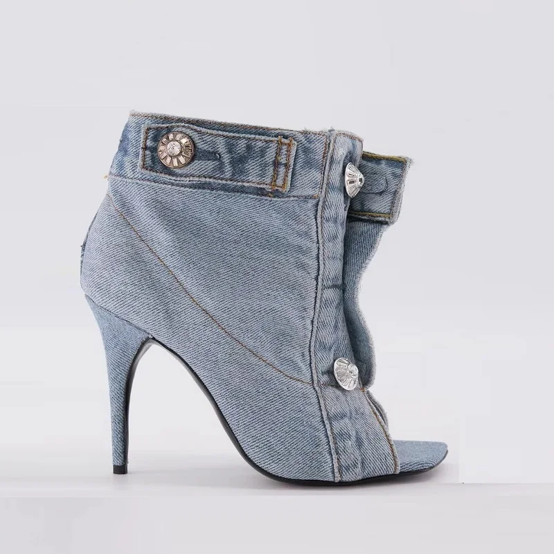 Peep Toe Sandals Summer Brand New Pocket Design Classic Blue Denim Women Buckle Sandals Stiletto Heel Woman Shoes Large Size 43