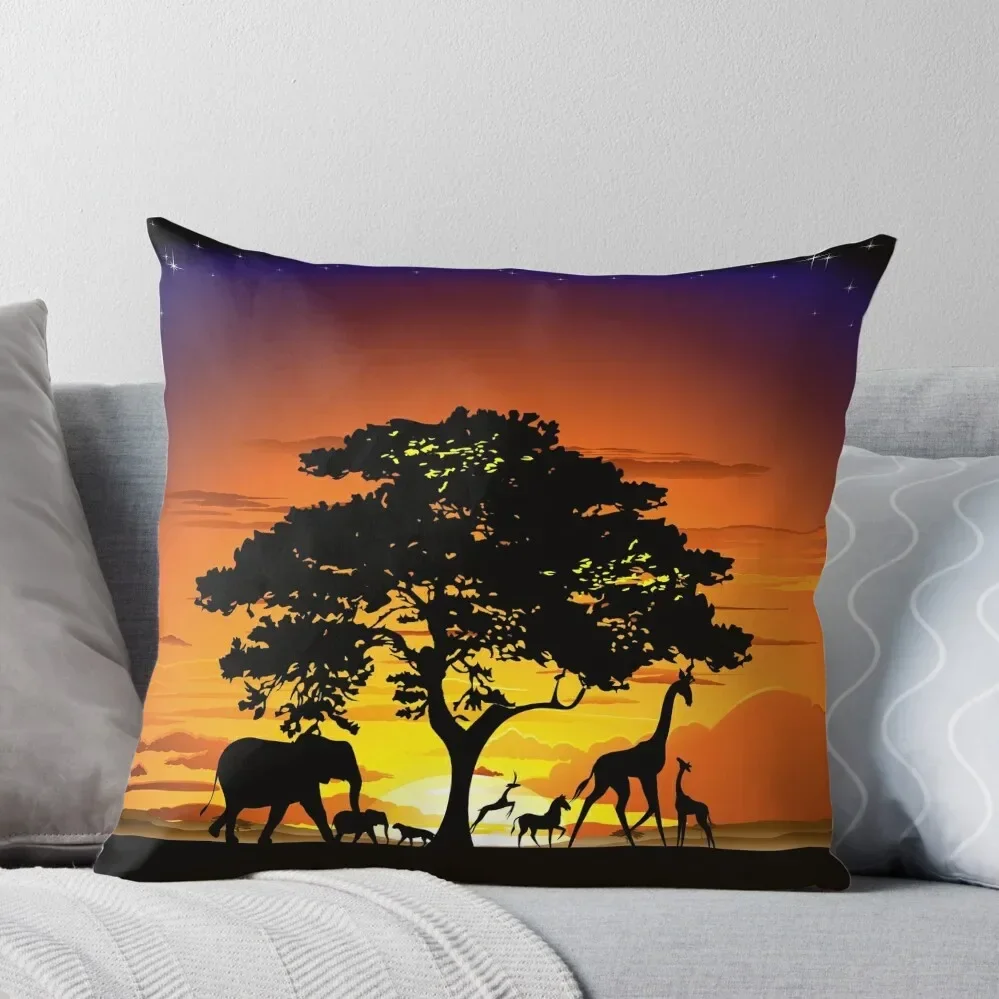 Wild Animals on African Savanna Sunset Throw Pillow pillow cover christmas Cushions Pillow