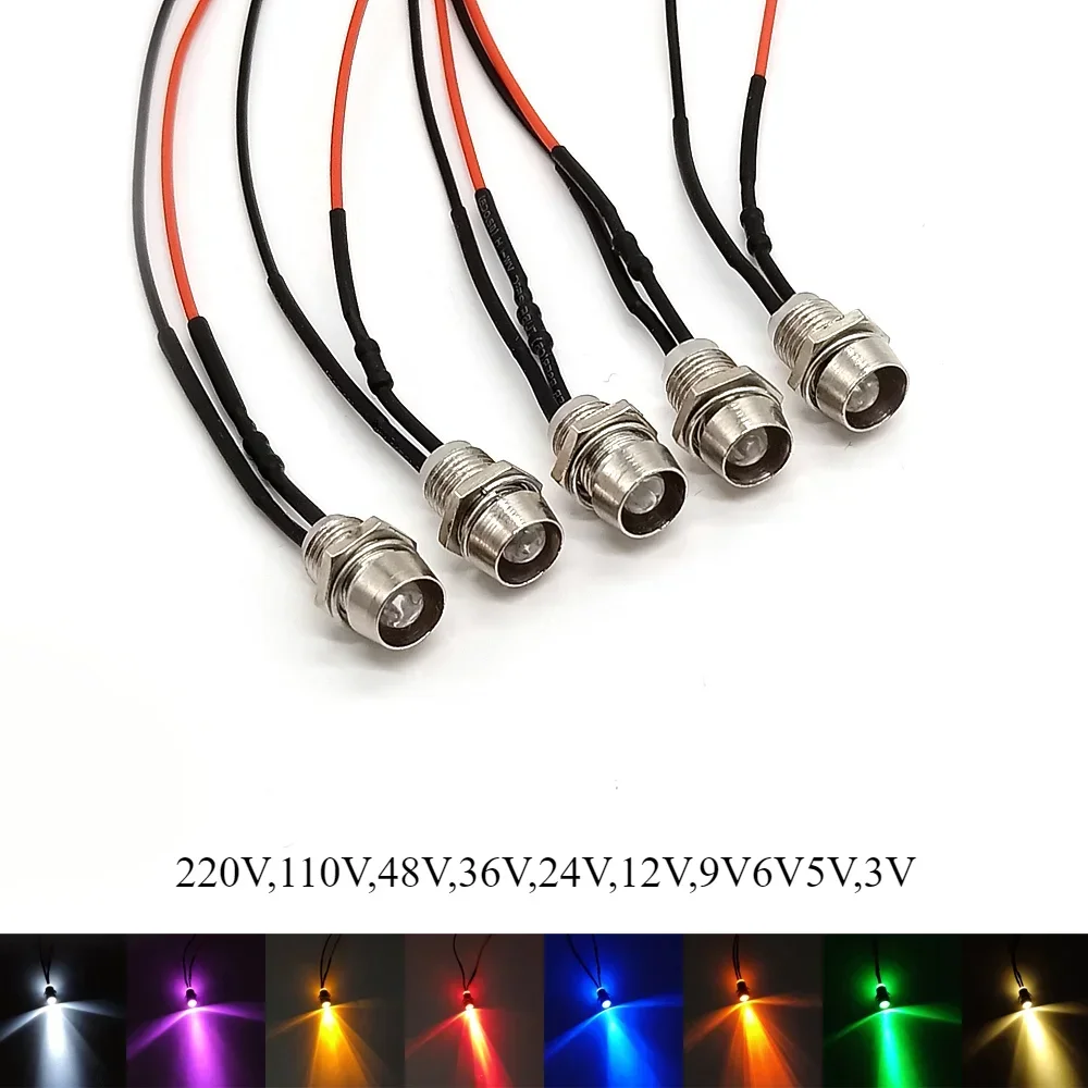 220V,110V,48V,36V,24V,12V,9V6V5V3V 5mm Pre-Wired LEDs Bulb Ultra Bright Emitting Diodes Indicator Lights 8mm Panel Mount for DIY