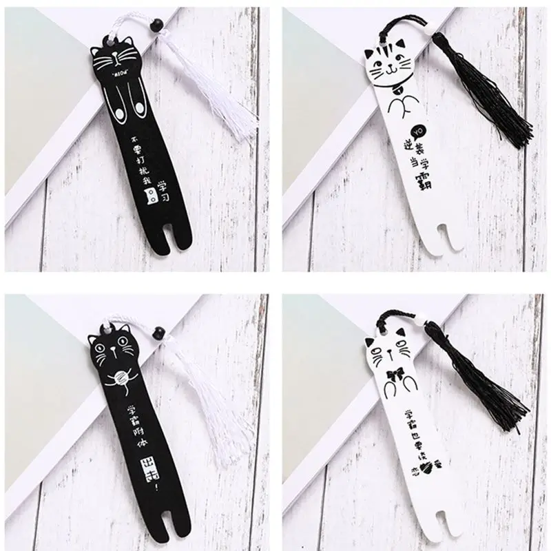 Cartoon Cat Shape Bookmark Students Stationery Cute Wood Bookmarks  Black and White Tassel Pendant Book Mark Kids Prizes