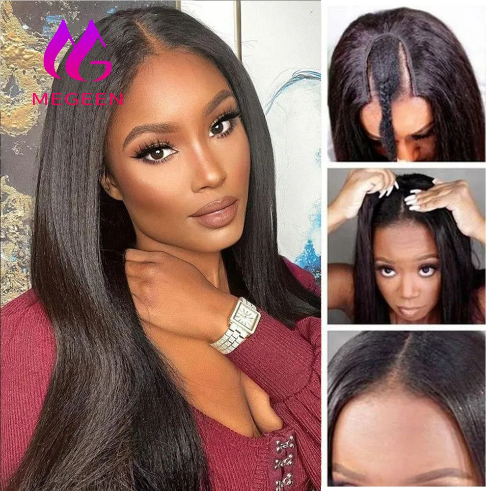Megeen Kinky Stright U Part Wigs Human Hair Indian Virgin Hair Full Machine Wig For Women Easy Install Small Leave Out 18-30Inch