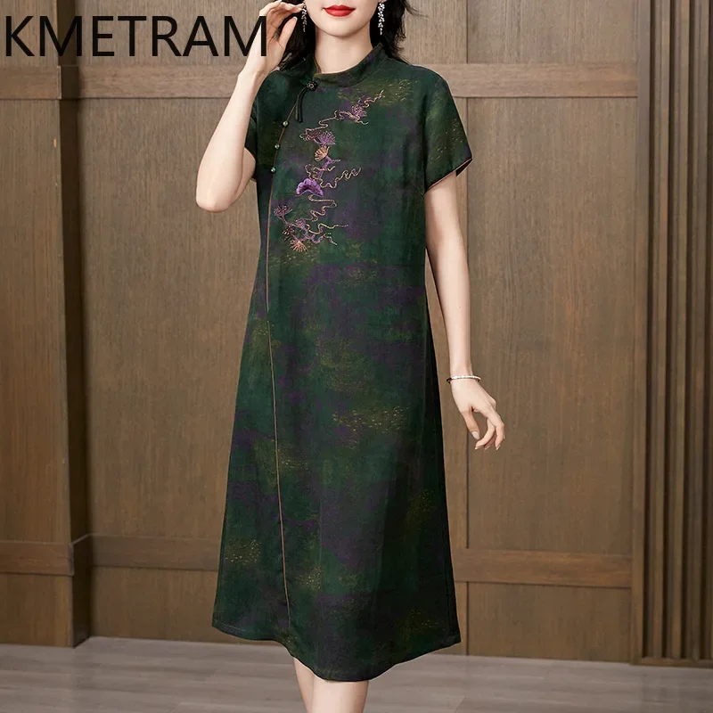 KMETRAM 100% Mulberry Silk Dress Women Luxury Party Long Dresses 2024 Summer Dress Womans Clothing Chinese Style Cheongsam 신상원피스