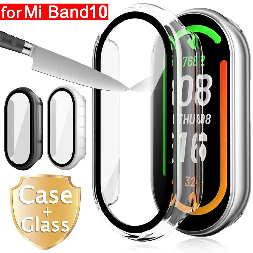 2 in 1 Protective Case for Xiaomi Band10 Miband 9 Hard PC Shell with Tempered Glass Protectors Watch Bumper Cover for Mi Band 10