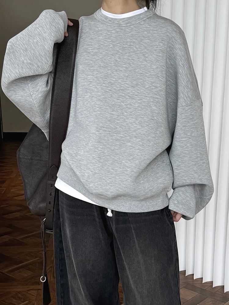 [EAM] Gray Shaped Casual Thick Sweatshirt New Round Neck Long Sleeve Women Big Size Fashion Tide Spring Autumn 2023 1DH7466