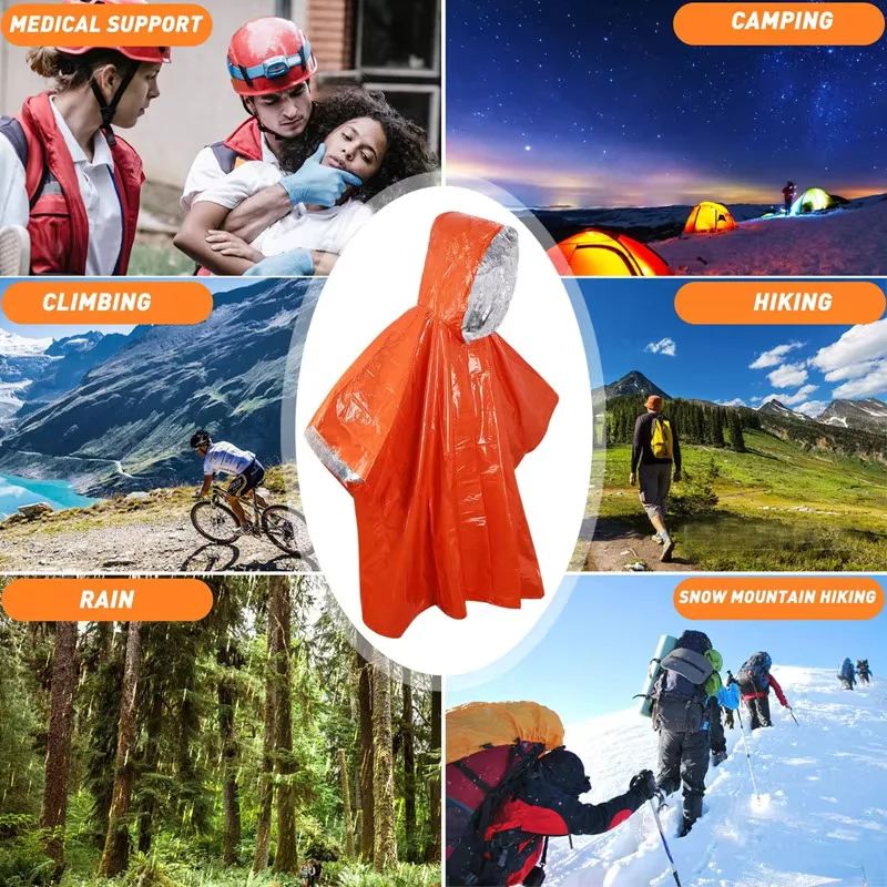 Portable Emergency Survival Raincoat Thermal Reflective Space Blanket Poncho, Windproof Waterproof Heat Lock Outdoor Gear for Hi