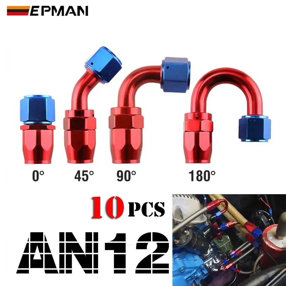 EPMAN 10PCS/LOT 12AN Straight 0 45 90 180 Degree Swivel Hose End Fittings for Braided Fuel Lines