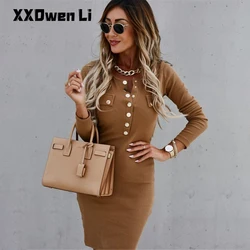 Women's Autumn Fashion Round Neck Button Pure Color Mini Dresses  Winter Woman Elegant Long Sleeve Sexy Bodycon Black Dress