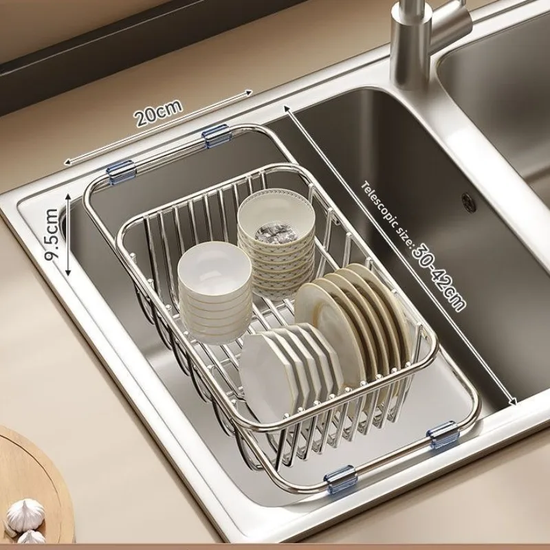 Sink Drain Basket Stainless Steel with Slot Design, Expandable for Dishwashing & Vegetable Rinsing, Space-Saving Kitchen Caddy