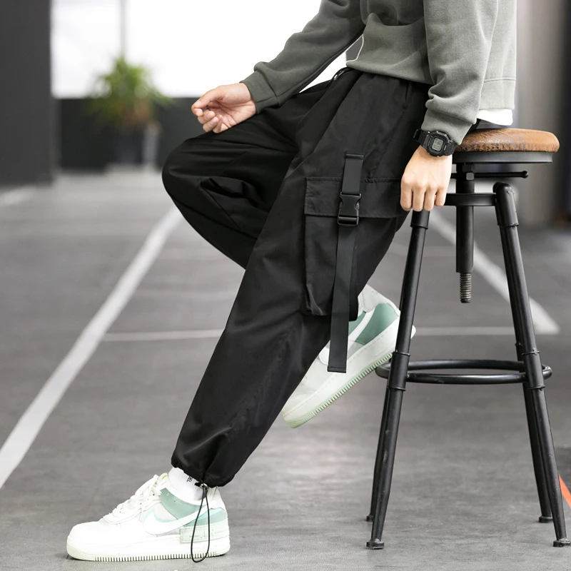 2024 New Men's Casual Pats Side Pockets Harem Pants Hip Hop Casual Ribbons Male Joggers Trousers Fashion Streetwear Cargo Pants