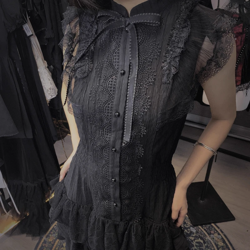 Gótico escuro renda guarnição doce legal roupas femininas design original 2025 verão novo preto sem mangas curto em camadas vestidos senhoras