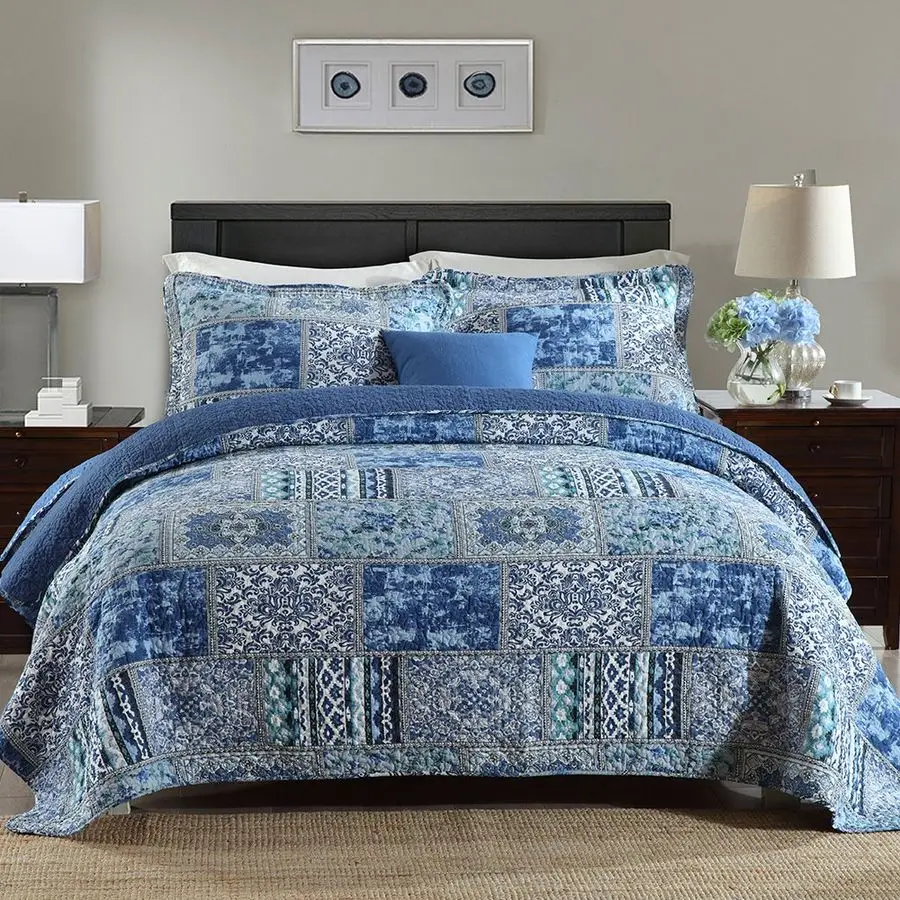 

Cotton Bedspread Quilt SetsReversible Patchwork Coverlet Set, Blue Classic Bohemian Pattern,Queen Size