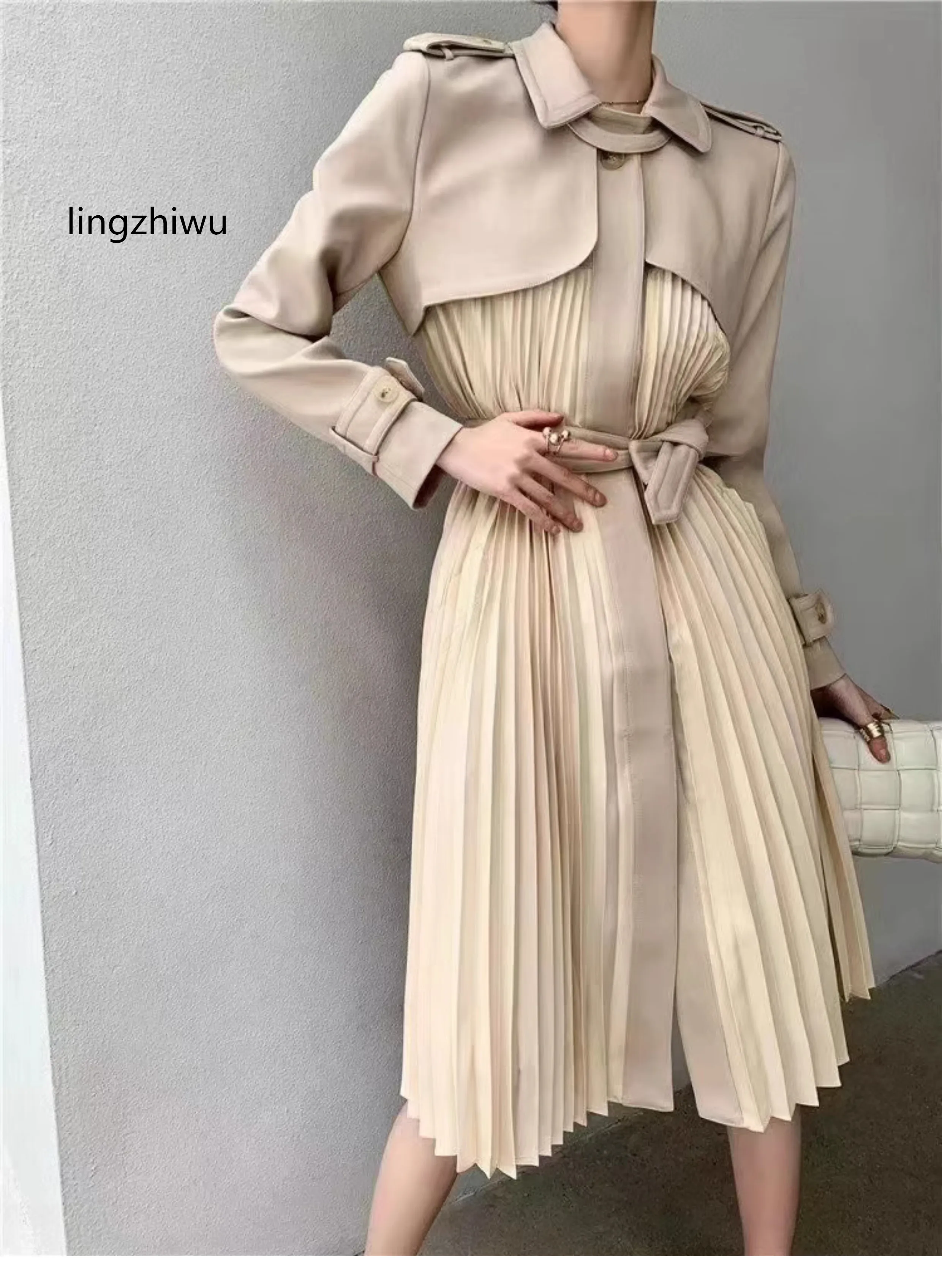 lingzhiwu Top Quality Dresses Female Trench Dresses French Design Pleated Long Elegant New Arrival