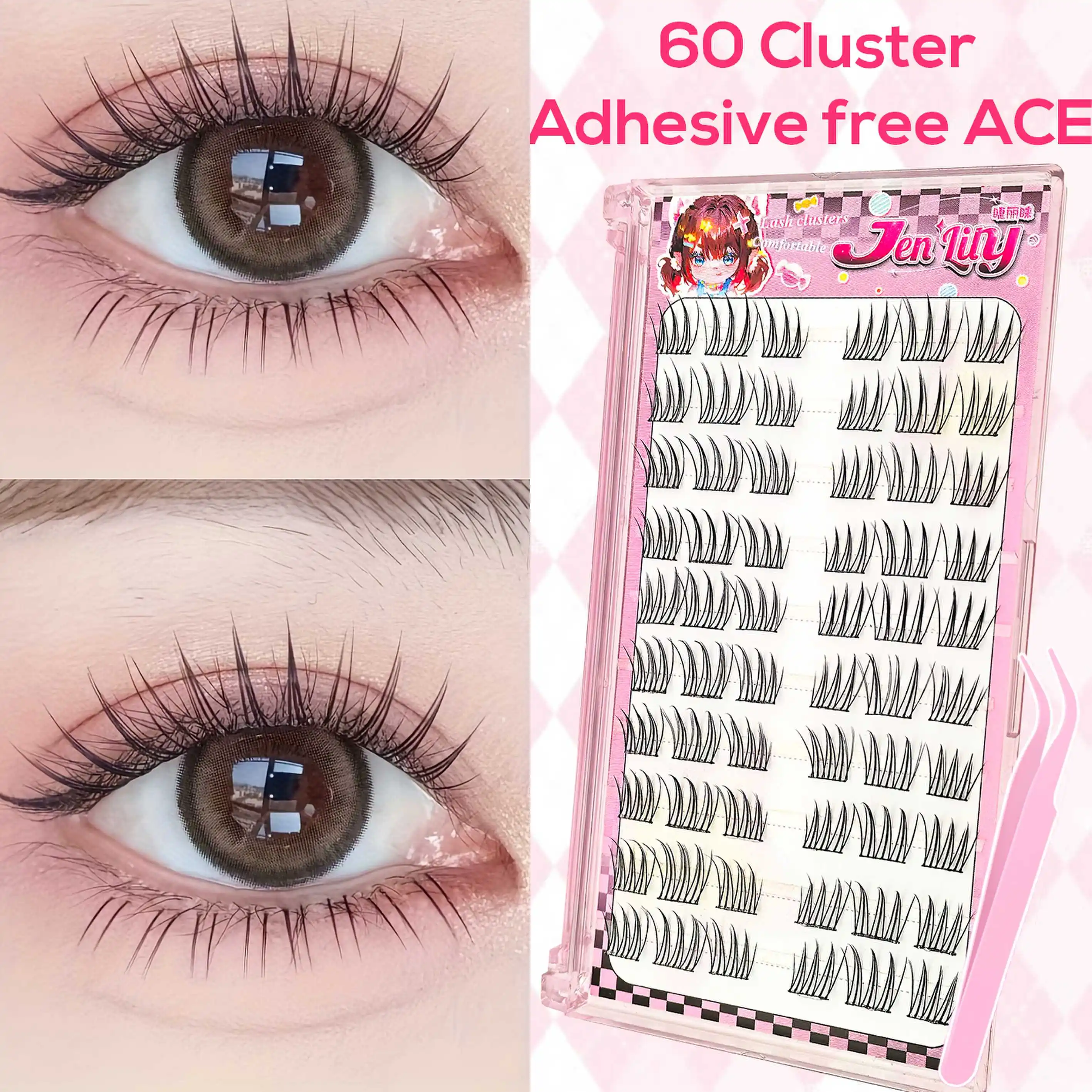 [ACENo necesita pegamento para pestañas postizas] Kit de extensión de pestañas cómodas de 60 grupos, pestañas postizas de Manga Natural para principiantes